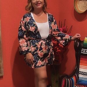 Floral Kimono Robe - Navy and Pink